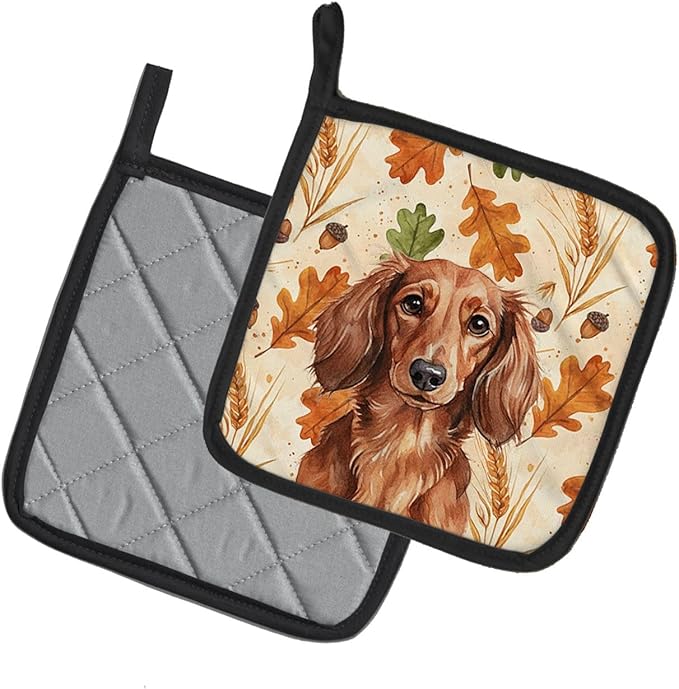 Caroline's Treasures Longhaired Red Dachshund Heirloom Fall Pair of Pot Holders Pair 7.5x7.5 Quilted Insulated Hot Pads Decorative Kitchen Gift Made in USA