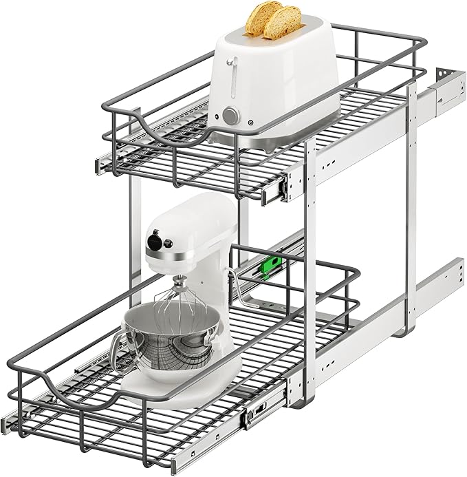 2 Tier Pull Out Cabinet Organizer - 11" W x 22" D Soft Close Slide Out Shelves with Shelf Liners - Pullout Drawers for Kitchen Cabinets, Pantry, Bathroom, Heavy Duty Steel Wire Baskets