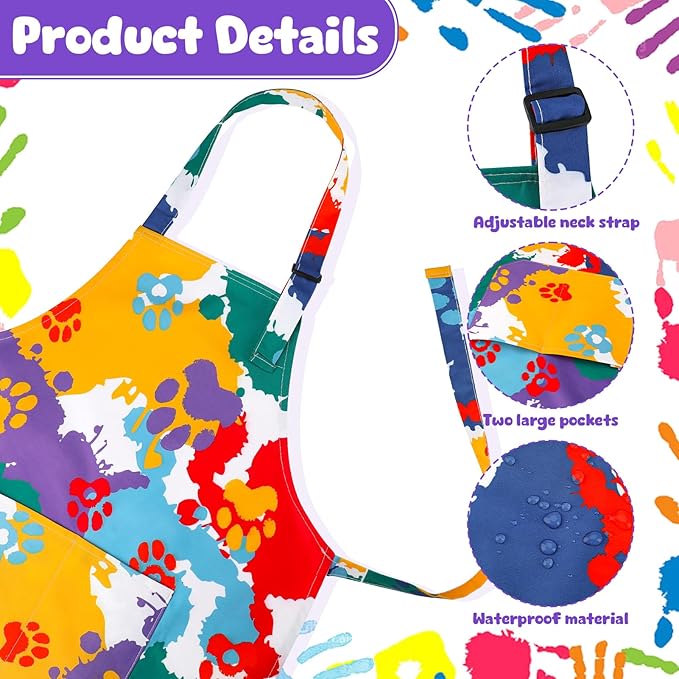 2 Pack Kids Apron, Cute Cooking Aprons, Waterproof Art Apron with Pockets, Toddler Painting Artist Apron Adjustable