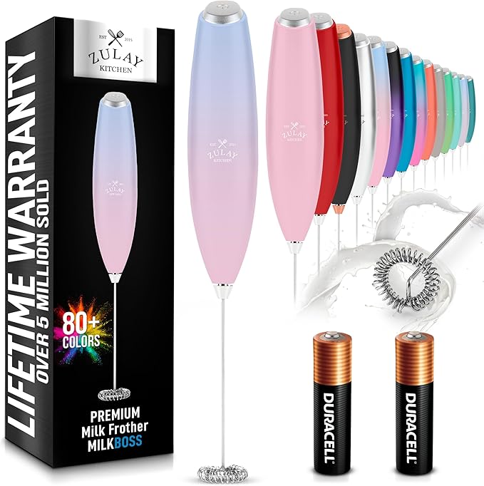 Zulay Kitchen Milk Frother Handheld Electric Whisk with AA Duracell Batteries – Durable Drink Mixer for Coffee, Lattes, Cappuccinos & More - Lavender