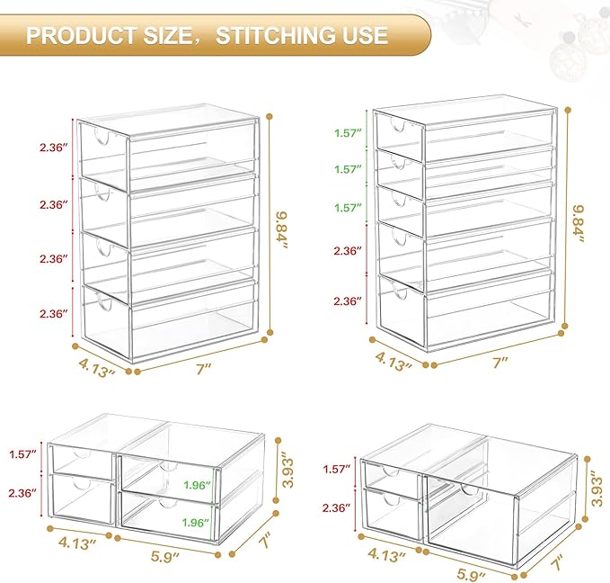 caktraie Makeup Organizer Storage with 16 Drawers, 4 Pcs Desktop Office Supplies, Desk Organizers, Clear Accessories, Dustproof Storage Drawer and for Make Up, Jewelry, Pen, Stationary