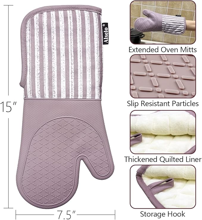 Alselo Silicone Oven Mitts Heat Resistant 932℉ with Waterproof & Non-Slip Kitchen Mittens, Set of 2 Extra Long Oven Gloves with Soft Cotton Terry Lining for Baking Cooking Barbecue(2, Purple Mitts)