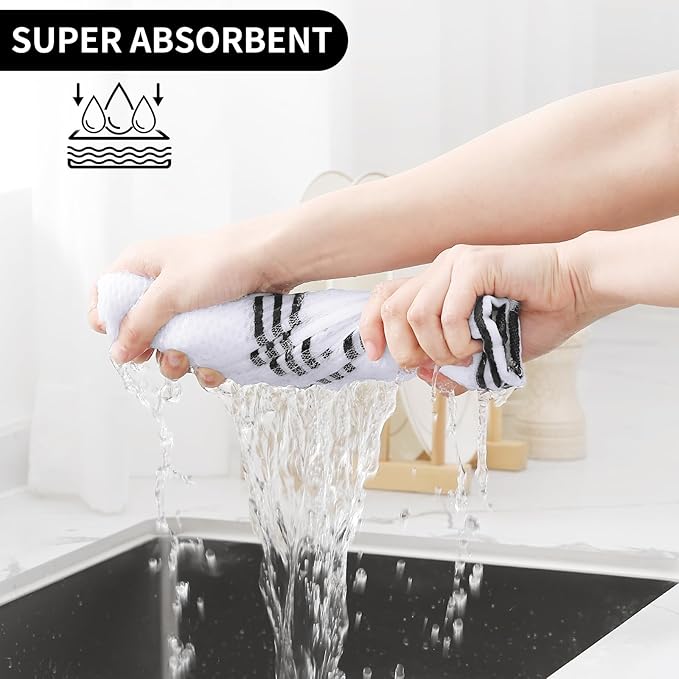 Homaxy Kitchen Towels and Dishcloths Set, 12 x 12 and 13 x 28 Inches, Set of 8 Premium Cotton Waffle Weave Kitchen Towels, Super Soft and Absorbent Dish Cloths, White & Black Stripes