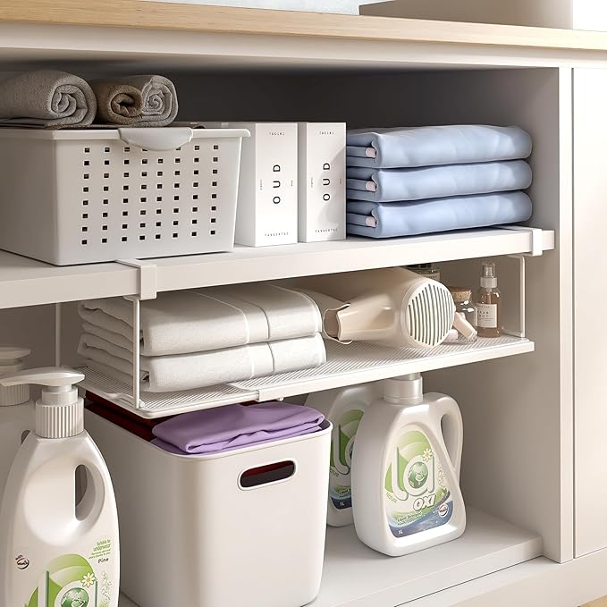 Expandable Under Cabinet Shelf, Extendable Under Shelf Storage with 0.94 Inches Thick Clips for Shoe Rack, Pantry Cabinet, Laundry Room. (White, 1 Pack, Interior: 6" H x 8.26" D)