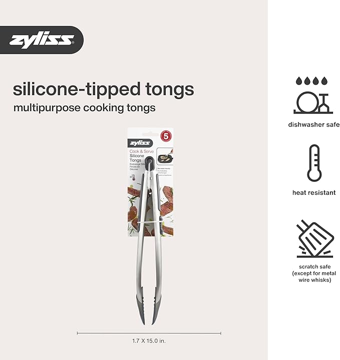 Zyliss Silicone-Tipped Tongs - Perfect for Healthy Cooking - Heat-Resistant Tongs with Ergonomic Grip - Locking Design for Kitchen Drawer Organization - Dishwasher Safe, Red
