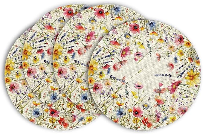 Artoid Mode Daisy Lavender Floral Leaves Spring Round Placemats Set of 4,14 Inch Seasonal Spring Table Mats for Party Kitchen Dining Decoration