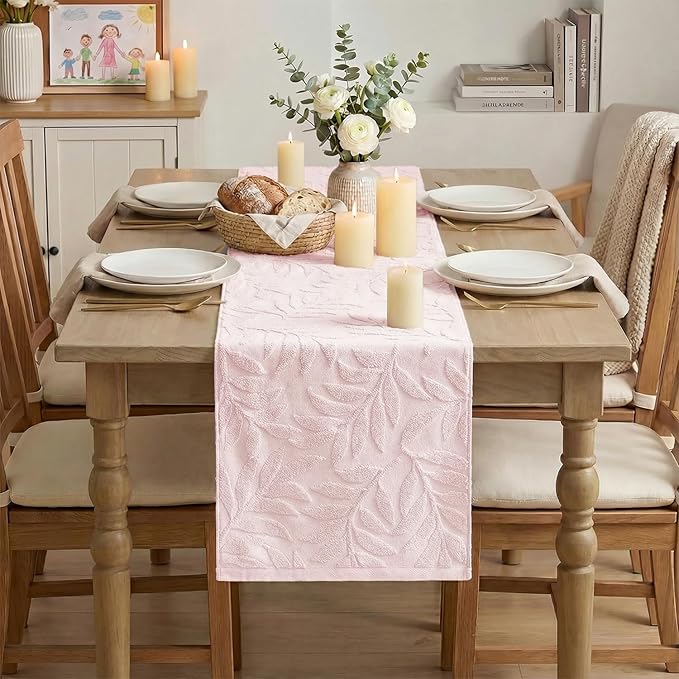 Artoid Mode Pink Soft Cotton Jacquard Leaves Spring Table Runner, Holiday Kitchen Dining Table Decoration for Home Party Decor 13x72 Inch