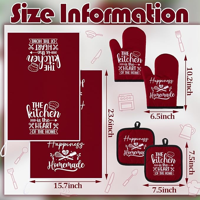 Sratte 6 Pcs Kitchen Decor Accessories Set Farmhouse Towels Pot Holders Oven Mitts Set 2 Dish Towels 2 Potholders 2 Cooking Mittens Oven Glove for Christmas Baking Cooking(Wine Red,Kitchen)