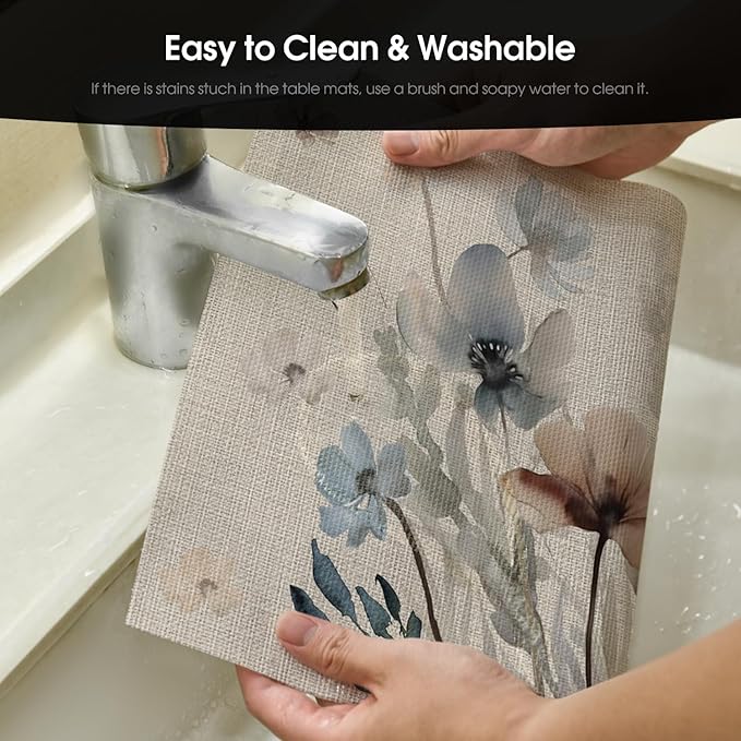 Artoid Mode Brown Poppy Floral Vinyl Spring Placemats Set of 6, Wipeable Plastic Woven PVC Table Mats for Party Kitchen Dining Decor, 12x18 Inch