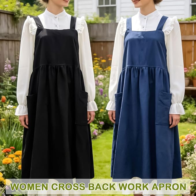 Uaussi Cotton Linen Apron Cross Back Work Apron for Women with Pockets Pinafore Dress X Cross Halter Apron for Chef Gardening
