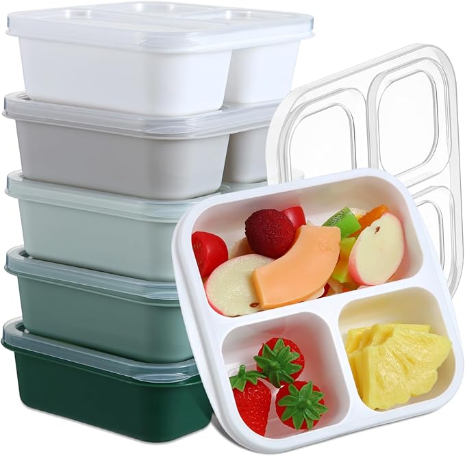 Honeydak 5 Pack Snack Containers 3 Compartment Bento Snack Boxes Divided Meal Prep Containers with Lids Reusable Adults Lunch Food Storage Box for School Work Travel(Sage Green)