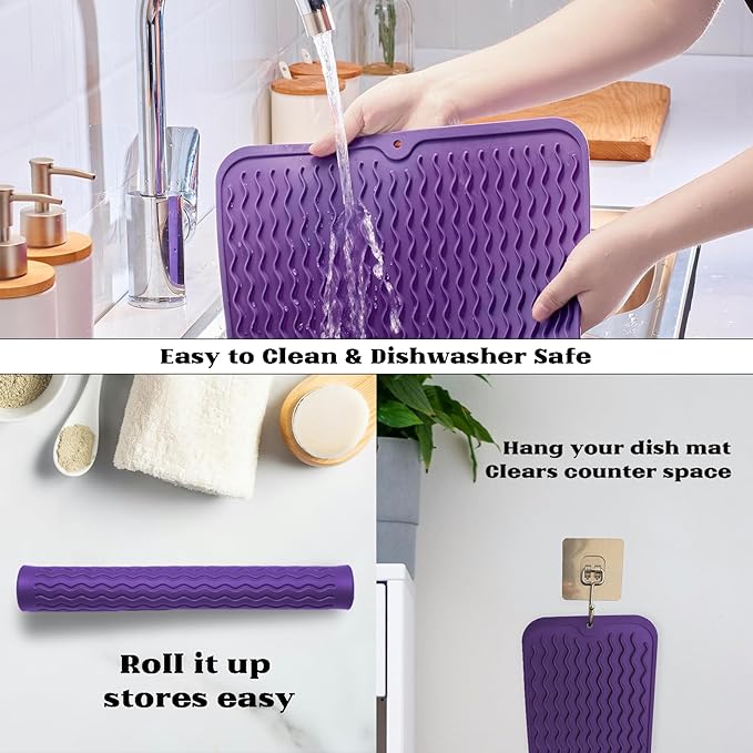 ZLR Silicone Dish Drying Mat & Heat Resistant Trivet (12" x 16") - Waterproof Counter Protector for Air Fryer, Coffee Maker - Non-Slip, BPA Free Kitchen Pad, Easy Clean Dishwasher Safe (Meadow Violet)