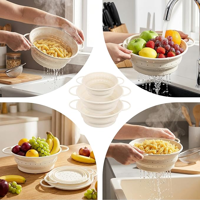3 Pack Collapsible Colander with Strainer Bowl Set, 11 & 13 In BPA-Free Silicone Colanders for Kitchen, Heat-Resistant Strainer Dishwasher Safe Baskets for Vegetable Fruits(White)