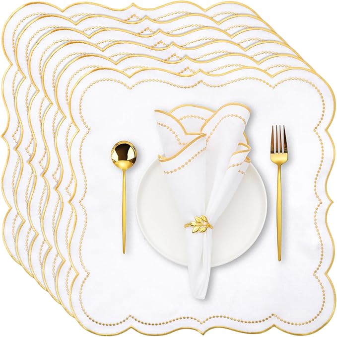 Hahafelt 6 Set Cloth Napkins 18x18inches Scalloped Embroidery Cloth Napkins Washable Polyester Table Dinner for Hotel Restaurant Weddings Events Parties (Gold)