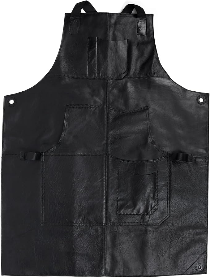 One Size Fits Utility Apron | Adjustable Cross-Back Straps | Multi-Use Shop Apron With Tool Pockets By Aaron Leather Goods (Leather, Black)