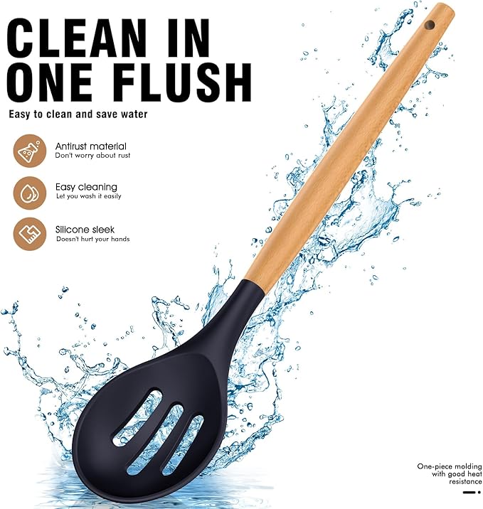 Silicone Cooking Utensils Set - AVGPD Silicone Kitchen Utensils for Cooking Wooden Handles, 446°F Heat Resistant Kitchen Utensil Spatula Sets, Gadgets for Non-Stick Cookware BPA FREE (Navy Blue)