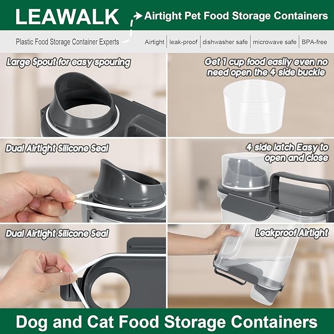 LEAWALK 5Lbs Airtight Cat Dog Food Storage Container with Upgraded Large Nozzle BPA-Free, Pet Food Storage Containers for Rice, Grain, Pet Food, Flour, Dog Treat Storage (Black×2, 5L-2pack)