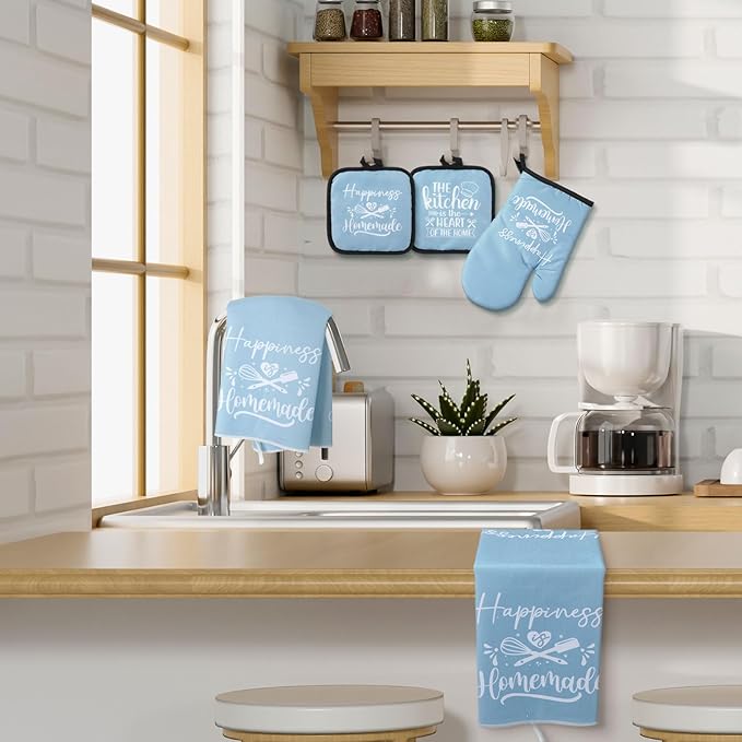 Sratte 6 Pcs Kitchen Decor Accessories Set Farmhouse Towels Pot Holders Oven Mitts Set 2 Dish Towels 2 Potholders 2 Cooking Mittens Oven Glove for Christmas Baking Cooking Supply(Light Blue,Kitchen)