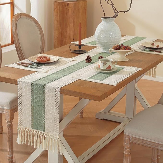Niviy Sage Green Table Runner 72 Inches Long with Tassels, Seasonal Spring Summer Washable Embroidered Striped Braided Green and Beige Boho Table Runners for Holiday Party 12 x 72 Inches