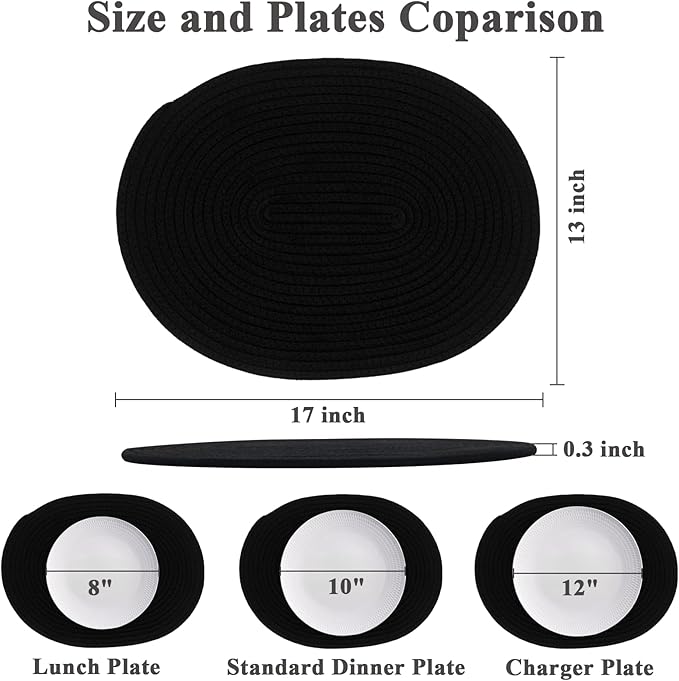 Oval Woven Placemats Set of 6, Boho Cotton Rope Braided Table Mats, 17x13 Inches Non Slip Heat Resistant Place Mats for Dining Room, Thick Hot Pads for Farmhouse Kitchen Table Decor. (Black)