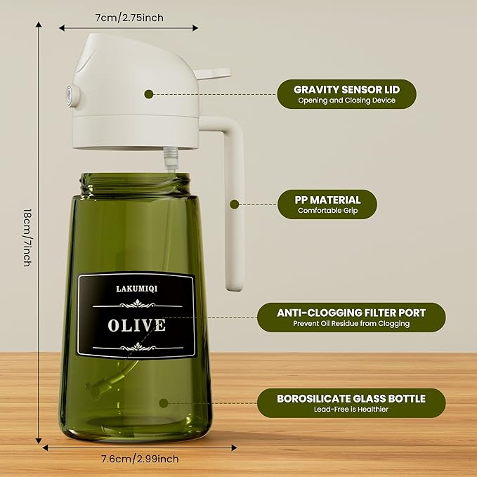 LAKUMIQI 2 in 1 Oil Sprayer for Cooking, 16oz Olive Oil Dispenser Bottle for Kitchen, Food Grade Light-Blocking Leak Proof Glass Spray Bottle for Salad, Air Fryer, BBQ