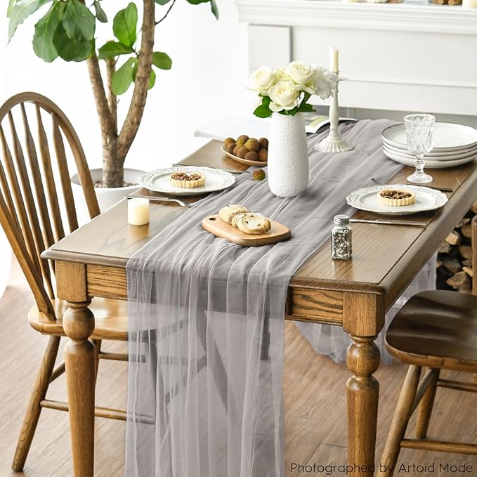 Artoid Mode 3PCS Grey Gauze Table Runner 120 Inch 10FT, Seasonal Sheer Kitchen Dining Holiday Wedding Birthday Baby Shower Table Decor for Home Party