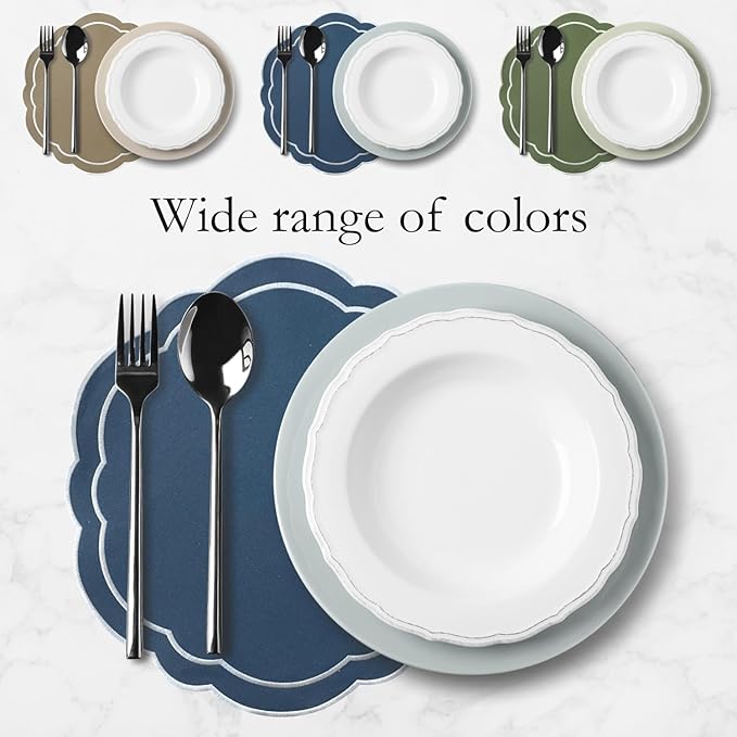 Round Placemats Set of 4, Cotton Linen- Double Layered, Luxury Scalloped Embroidered Cloth Table mats, 16 inch, Washable Fabric Dining Placemat (Blue)