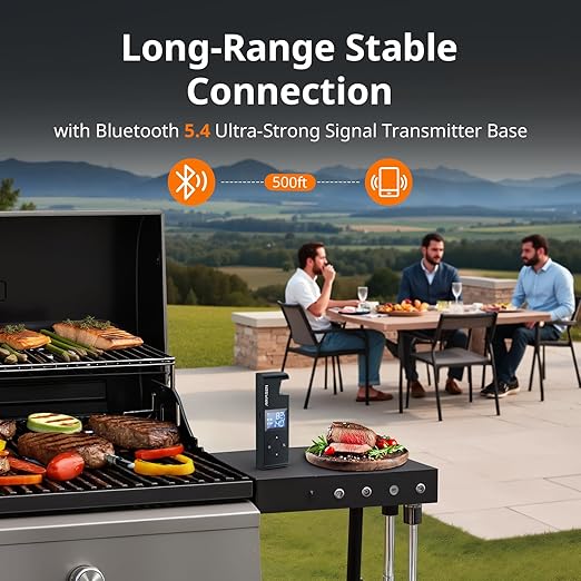 AIRMSEN Wireless Meat Thermometer, 500ft Long Range Cordless Meat Thermometer with Smart LCD Display Standalone Base, High Precision 5.4 Bluetooth with APP & Zirconia Ceramic Handle for BBQ Grill