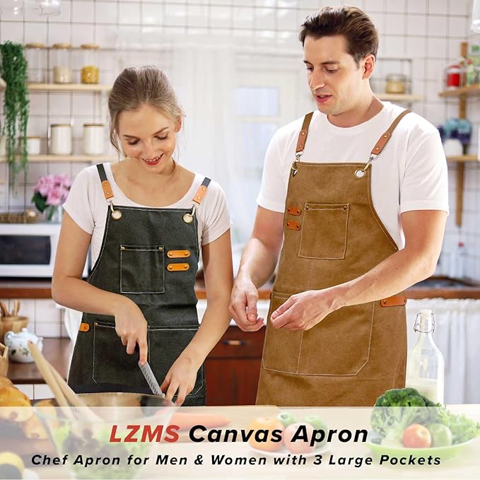 LZMS Chef Apron for Men & Women, Canvas Cross Back Work Apron with 3 Large Pockets, Water-Resistant, Adjustable Size M-XXL