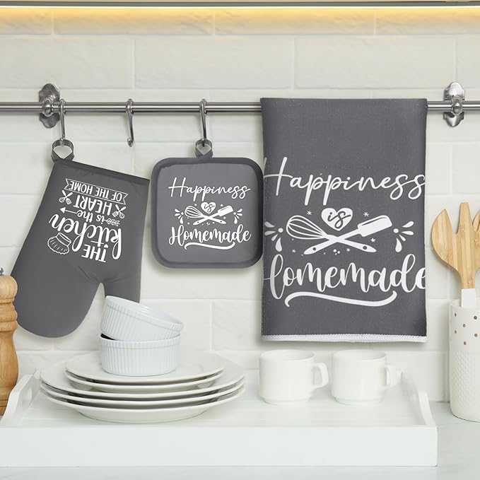 Sratte 6 Pcs Kitchen Decor Accessories Set Farmhouse Towels Pot Holders Oven Mitts Set 2 Dish Towels 2 Potholders 2 Cooking Mittens Oven Glove for Christmas Baking Cooking Supply(Dark Gray,Kitchen)