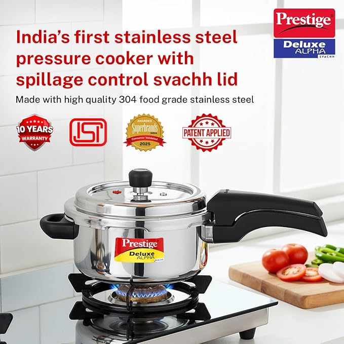 Prestige Deluxe Alpha Svachh Stainless Steel Pressure Cooker with Alpha Base and Deep Lid for Spillage Control, (3 Liter)
