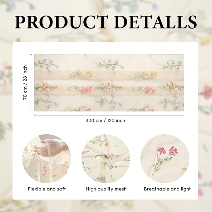 Artoid Mode Wildflower Floral Beige Apricot Gauze Embroidery Table Runner 120 Inch 10FT, Tulle Seasonal Spring Kitchen Dining Table Decor for Home Party