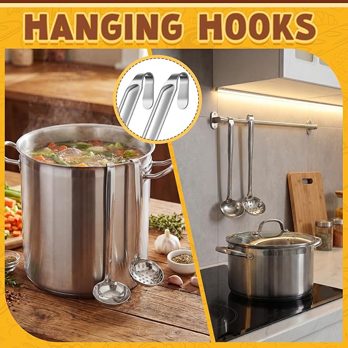 Stainless Steel Soup Ladle Serving Ladle Scoop and Slotted Spoon Set of 2 with Hook for Hanging, Cooking Utensils Set for Kitchen(3 oz)