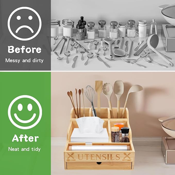 Large Kitchen Utensil Holder with Drawer Organizer, 11 Compartment Bamboo Silverware Organizer for Countertop, Cutlery Tray with Dividers for Flatware Spoon Forks Knives Cooking Tool