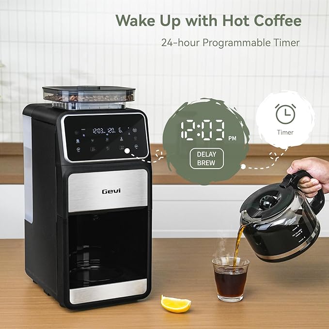 Gevi Grind & Brew Coffee Maker 10 Cup, Built-In Burr Grinder Drip Coffee Machine, Programmable Touch Screen, 4-Hour Warm Plate, Permanent Filter & Glass Carafe