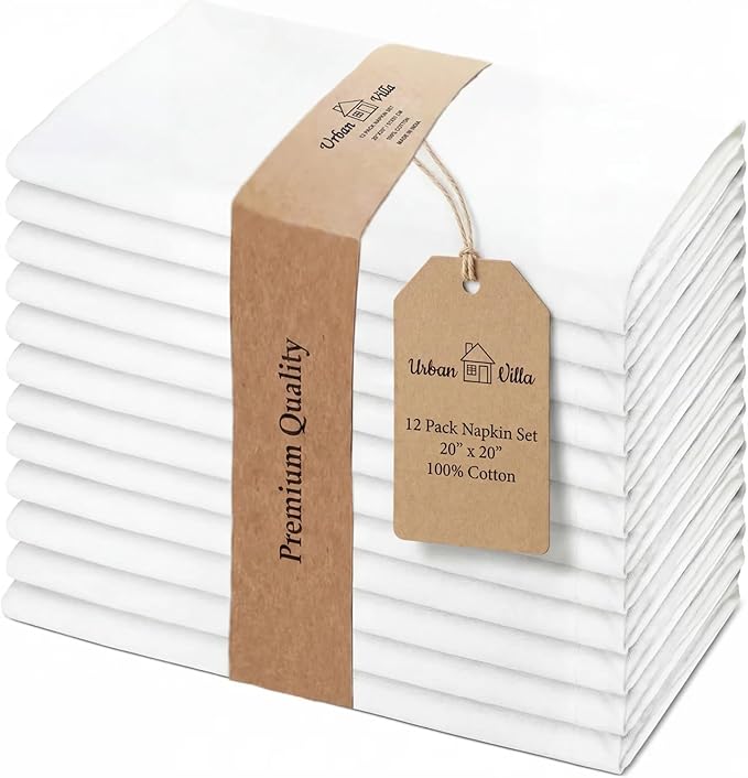 Urban Villa Cloth Napkins White Dinner Napkins Set of 12 (20X20) 100% Cotton Absorbent Washable Durable Reusable Cloth Napkins Ideal for Easter Decorations Hotel Collection Farmhouse Parties Napkins