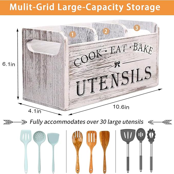 Utensil Holder,Wooden Utensil Holder for Kitchen Counter, Cooking Utensil Organizer with 3 Compartments,Utensil Crock for Silverware Spoon Spatula