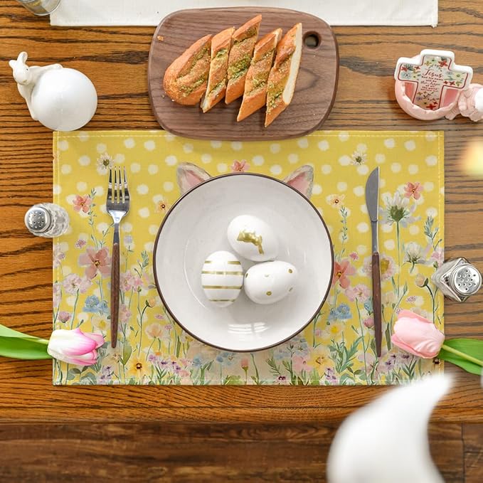 Artoid Mode Yellow Bunny Polka Dot Easter Placemats Set of 4, 12x18 Inch Flower Seasonal Spring Holiday Table Mats for Party Kitchen Dining Decoration