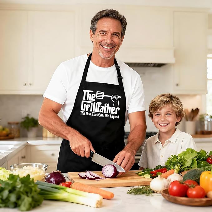 Kaidouma Grill Apron BBQ Aprons for Men Dad - The Grillfather - Funny Chef Cooking Grilling Apron for Dad with 2 Pockets and 40" Long Ties