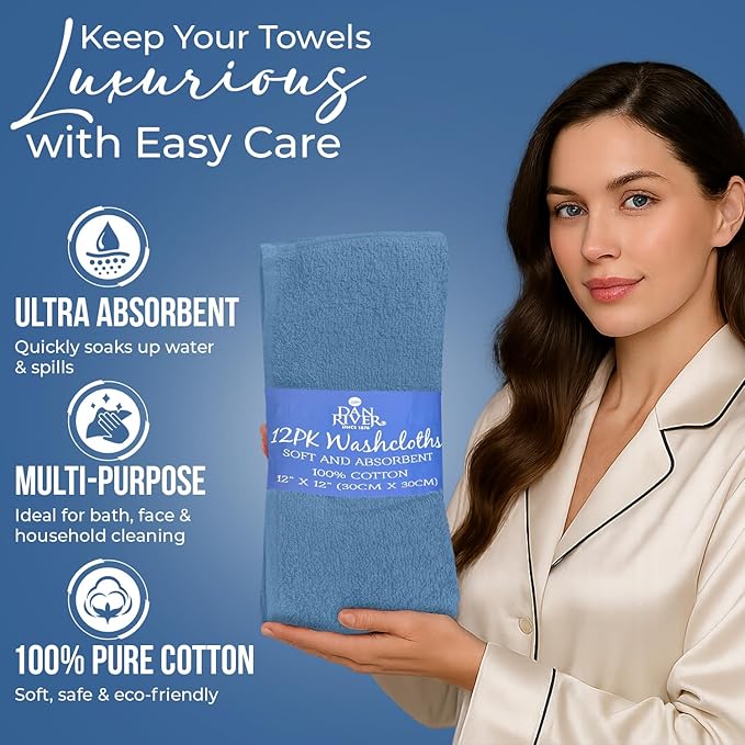 DAN RIVER 12 Pack Wash Cloths for Showering [12x12] - 100% Cotton Washcloths Premium Quality Flannel Face Cloths for Bathroom, Highly Absorbent and Soft Feel Wash Clothes, M Blue