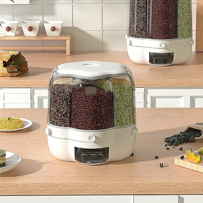 XIYAO 30lb Rice and Grain Storage Container, 360° Rotating Food Dispenser Measuring Cylinder with Lid Moisture Resistant Household, Airtight Storage of Black Rice, Yellow Rice and Other Small Beans