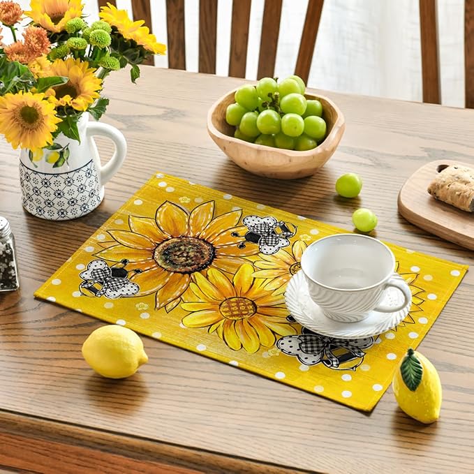 Artoid Mode Sunflower Bee Flower Polka Dot Summer Placemats Set of 4, 12x18 Inch Spring Table Mats for Table Runner Party Kitchen Dining Decoration