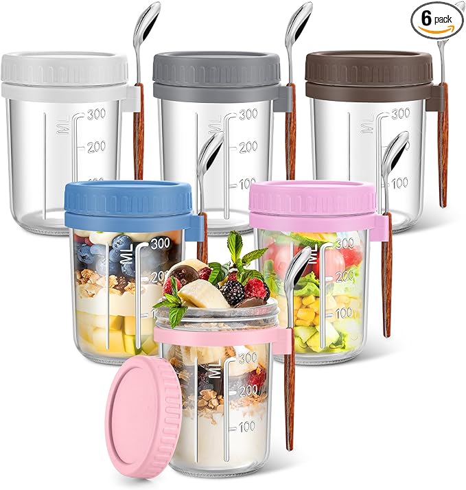 6 Pack Overnight Oats Containers with Lids and Spoons, 16 oz Glass Mason Jars with Airtight Lids, Meal Prep Containers, Overnight Oats Jars for Milk, Cereal, Fruit