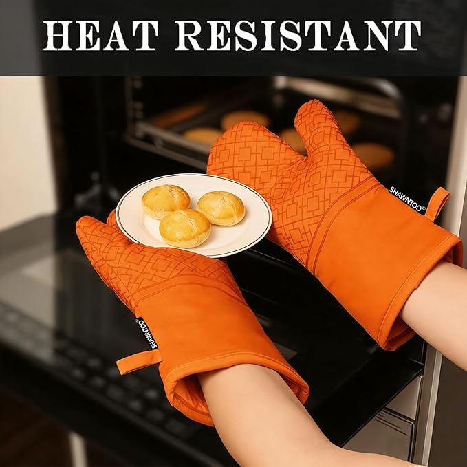 Oven Mitts and Pot Holders Sets 6pcs, Kitchen Oven Glove,High Heat Resistant 550 Degree Extra Long Oven Mitts and Potholders with Non-Slip Silicone Surface for Home Essentials (Grey) (Pumpkin Orange)