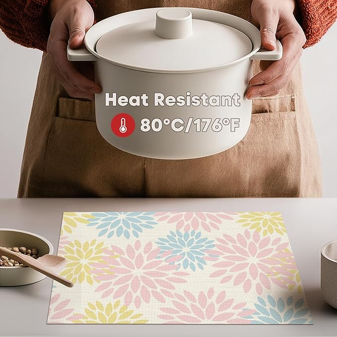 Artoid Mode Floral Vinyl Plastic Placemats Set of 4, 12x18 Inch Washable Non-Slip PVC Place Mats for Party Kitchen Dining Decor, Pink