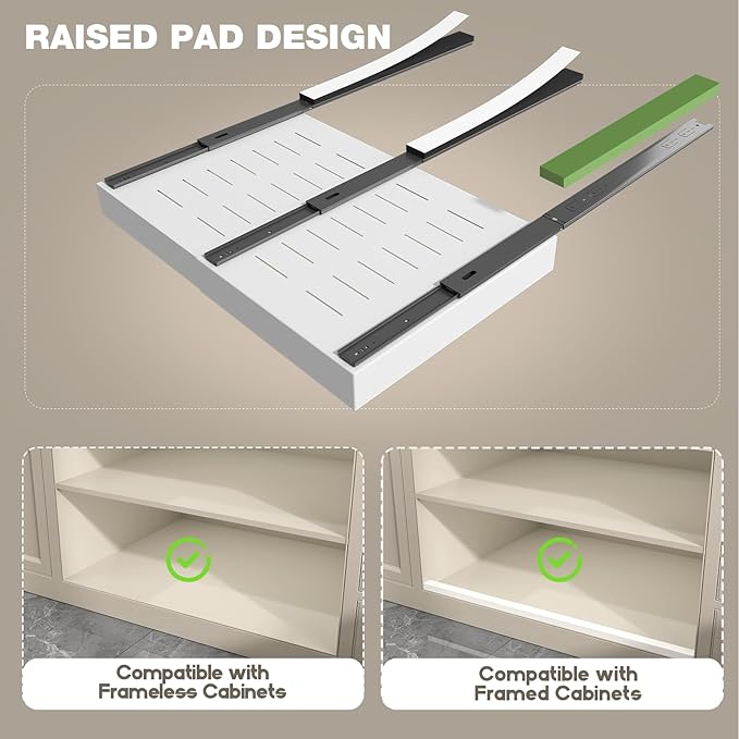 Seinloes 2 Pack Pull Out Cabinet Organizer 18" Deep,Full Extension 3 Slide Rails Slide Out Drawers With Raising Pad for Framed Cabinets,Expandable Width (15.4"-26.2"),No Drill Roll Out shelf,White