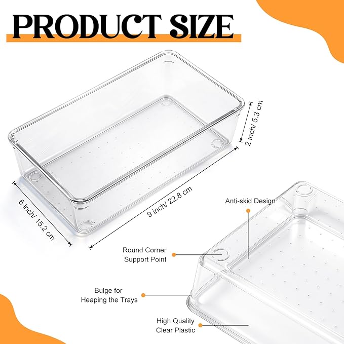 Maitys 12 Pcs Clear Drawer Organizer 9 x 6 x 2 Inches Plastic Rectangle Trays Makeup Vanity Storage Bins and Kitchen Drawers Dividers for Office Desk Silverware Kitchen Utensils