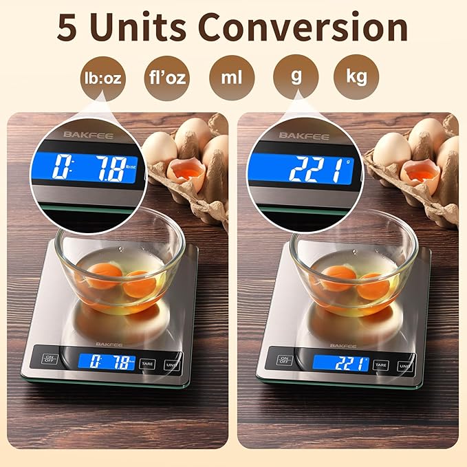 Food Scale, 15kg/33lb Digital Kitchen Scale with Stainless Steel & Tempered Glass, 1g/0.05oz Precise Weighing, Splash-Resistant and Sturdy Surface, for Cooking, Baking, Weight Loss, Meal Prep