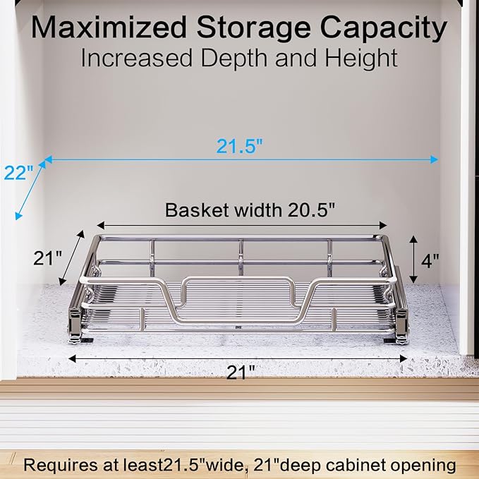 Kitchen Cabinet Pull Out Shelf and Drawer Organizer Slide Out Pantry Storaqe Basket in Multiple Sizes (21" W x 21" D,1 Tier)