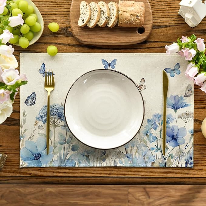 Artoid Mode Hydrangea Wildflowers Spring Placemats Set of 4, 12x18 Inch Seasonal Summer Holiday Table Mats for Party Kitchen Dining Decoration